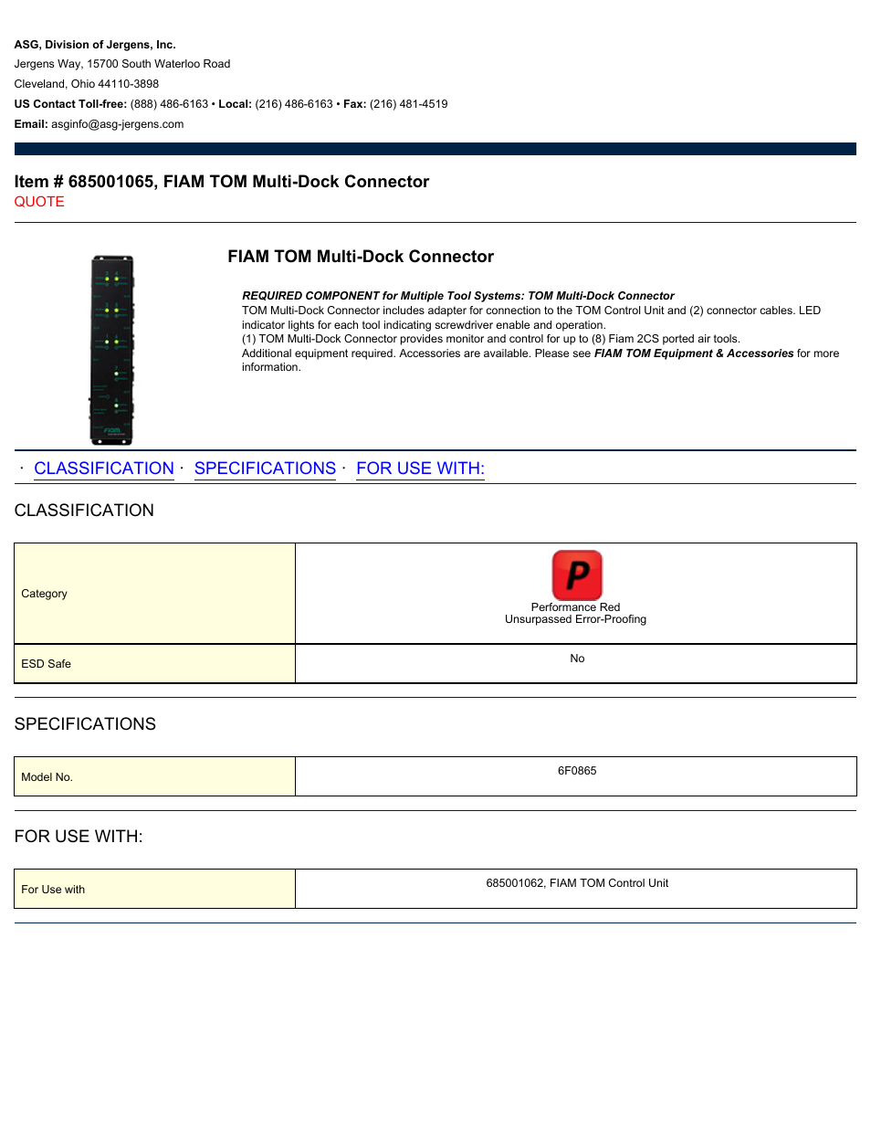 ASG Jergens 685001065 FIAM TOM Multi-Dock Connector User Manual | 1 page