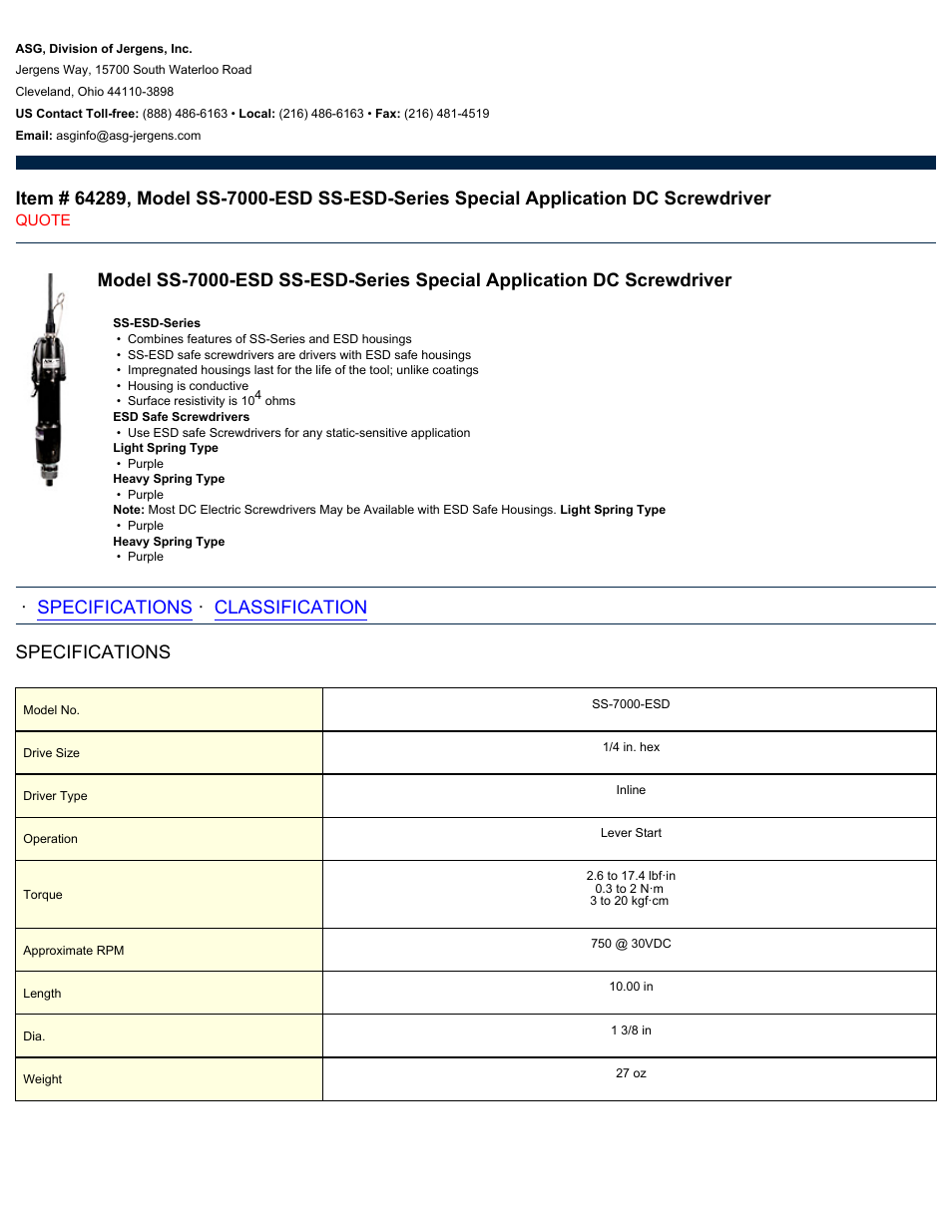 ASG Jergens 64289 SS-7000-ESD User Manual | 2 pages