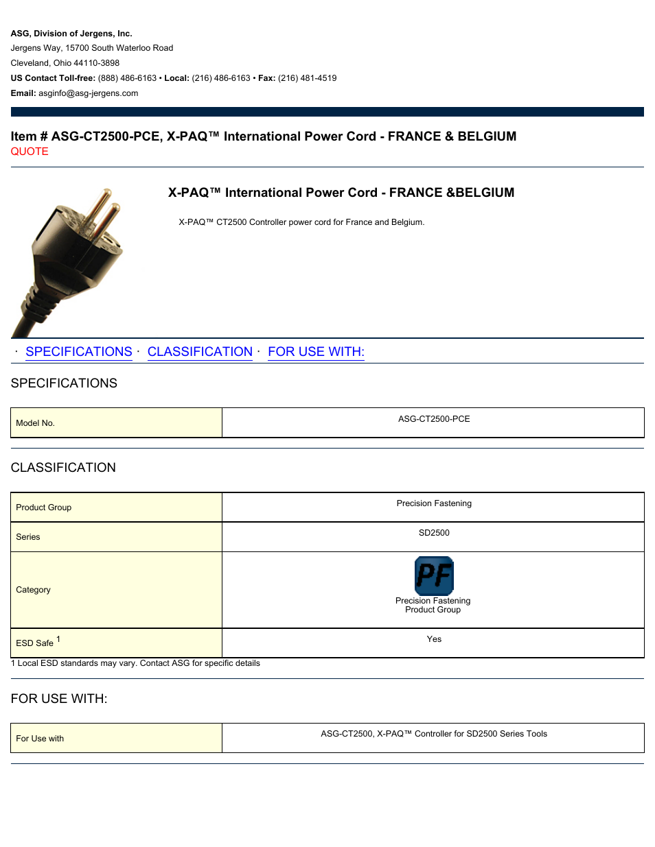 ASG Jergens ASG-CT2500-PCE Power Cord - FRANCE & BELGIUM User Manual | 1 page