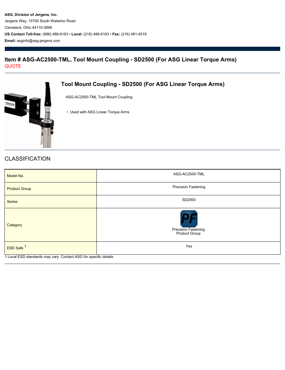 ASG Jergens ASG-AC2500-TML Tool Mount Coupling - SD2500 User Manual | 1 page