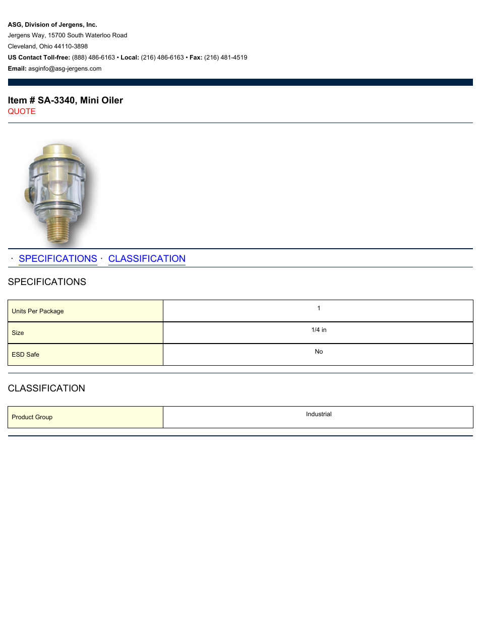 ASG Jergens SA-3340 Mini Oiler User Manual | 1 page