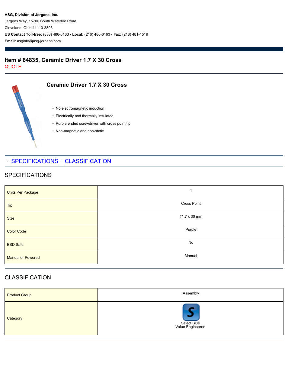 ASG Jergens 64835 Ceramic Driver 1.7 X 30 Cross User Manual | 1 page