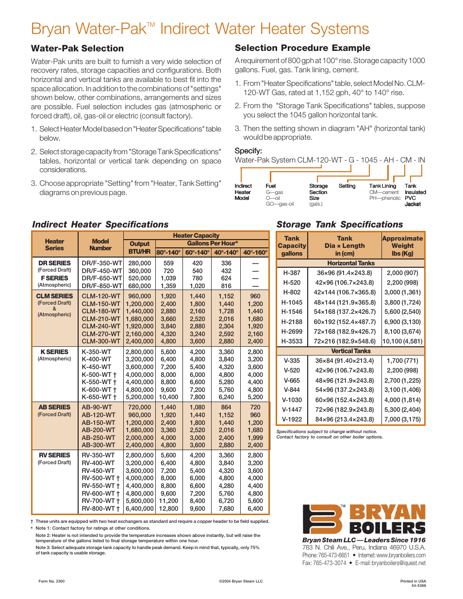 Bryan water-pak, Indirect water heater systems, Indirect heater specifications | Water-pak selection, Selection procedure example, Storage tank specifications | Bryan Boilers CLM-120-WT-FDG-844-AV-CM-IN User Manual | Page 4 / 4