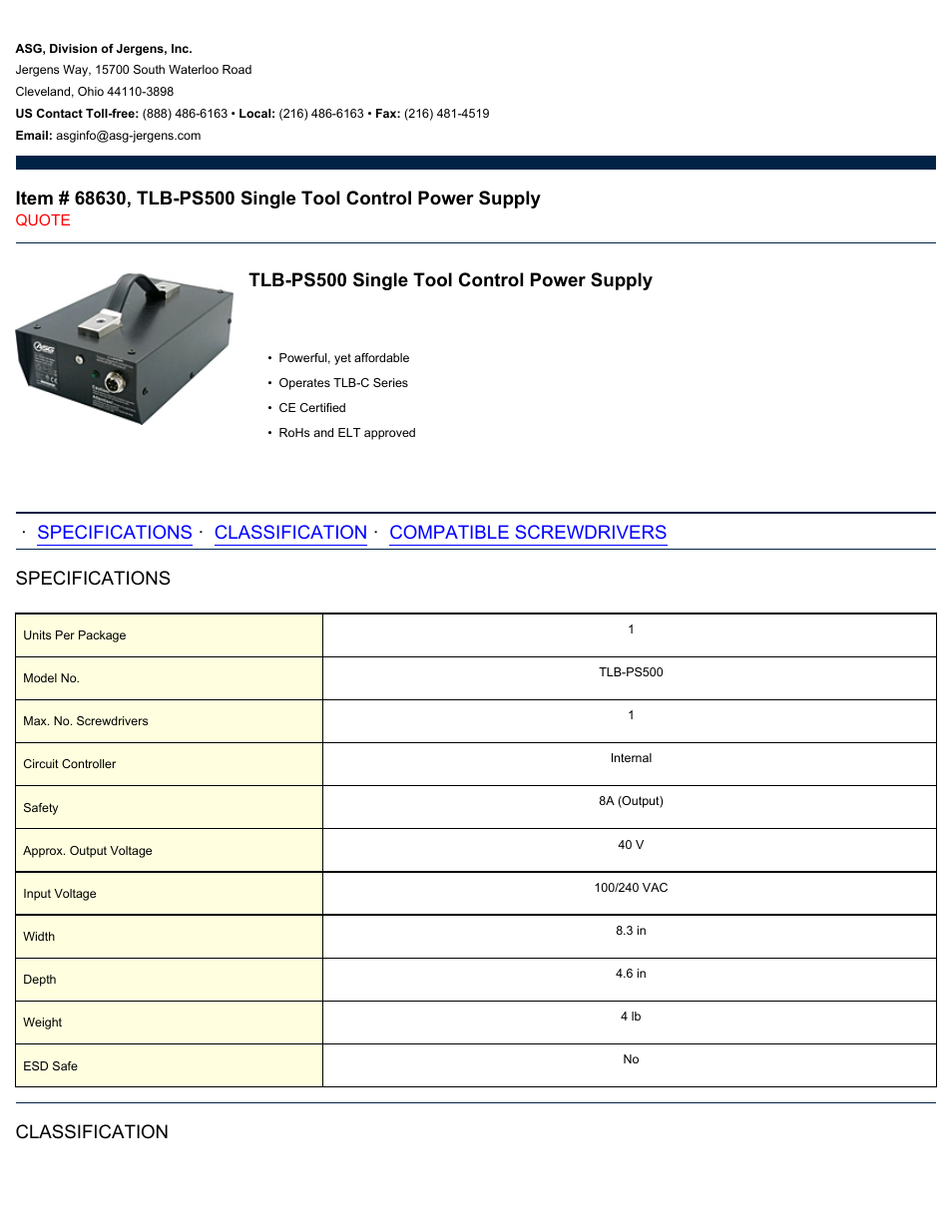 ASG Jergens 68630 TLB-PS500 Single Tool Control Power Supply User Manual | 2 pages