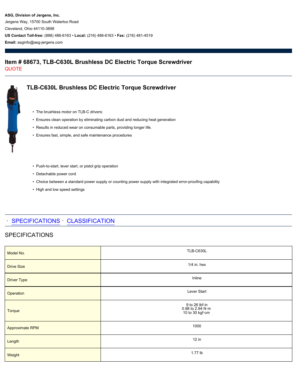 ASG Jergens 68673 TLB-C630L User Manual | 2 pages