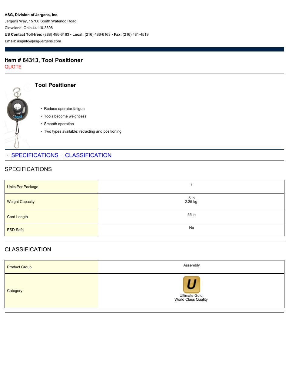 ASG Jergens 64313 Tool Positioner User Manual | 1 page