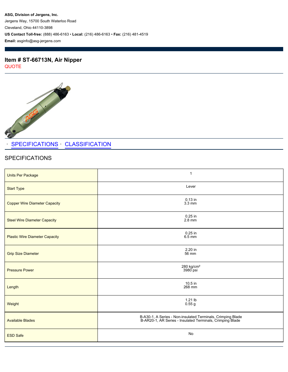 ASG Jergens ST-66713N Air Nipper User Manual | 2 pages