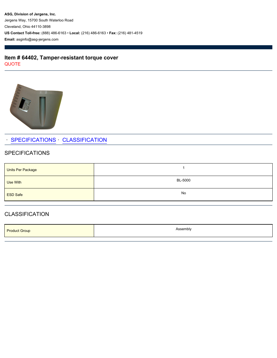 ASG Jergens 64402 Tamper-resistant torque cover User Manual | 1 page