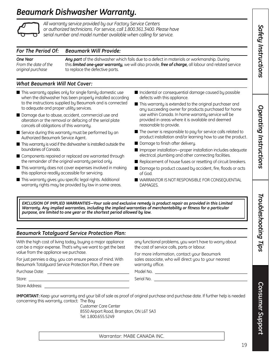 Beaumark dishwasher warranty | Beaumark 165D4700P348 User Manual | Page 19 / 20