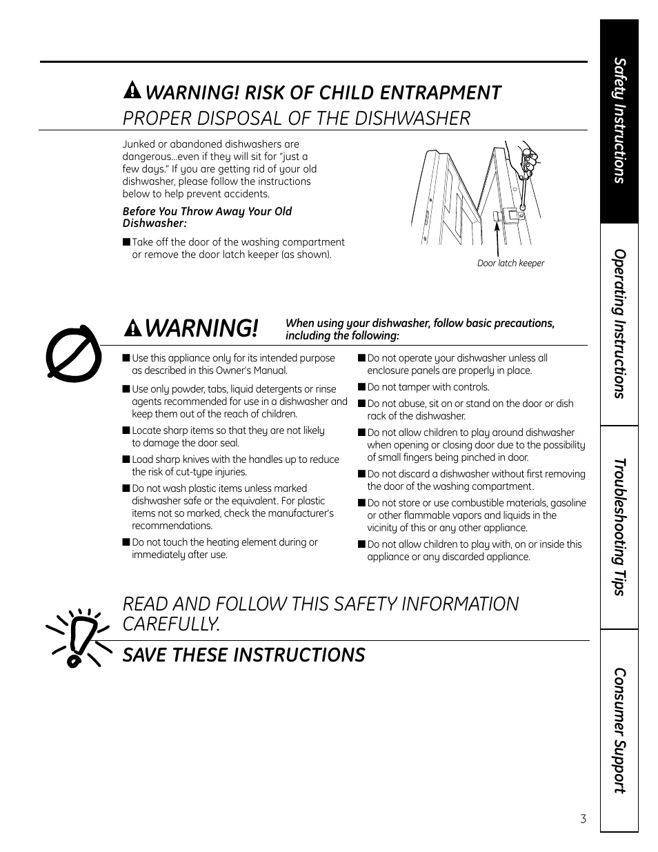 Warning, Proper disposal of the dishwasher, Warning! risk of child entrapment | Beaumark 165D4700P348 User Manual | Page 3 / 20