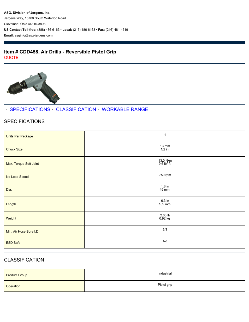 ASG Jergens CDD458 Air Drill - Reversible Pistol Grip User Manual | 2 pages