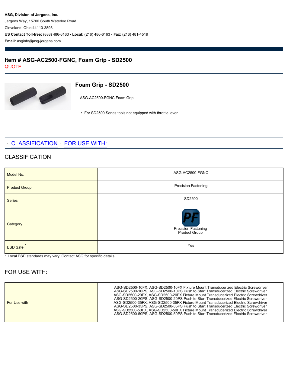 ASG Jergens ASG-AC2500-FGNC Foam Grip - SD2500 User Manual | 1 page