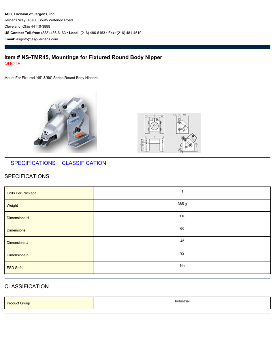 ASG Jergens NS-TMR45 Mountings for Fixtured Round Body Nipper User Manual | 1 page