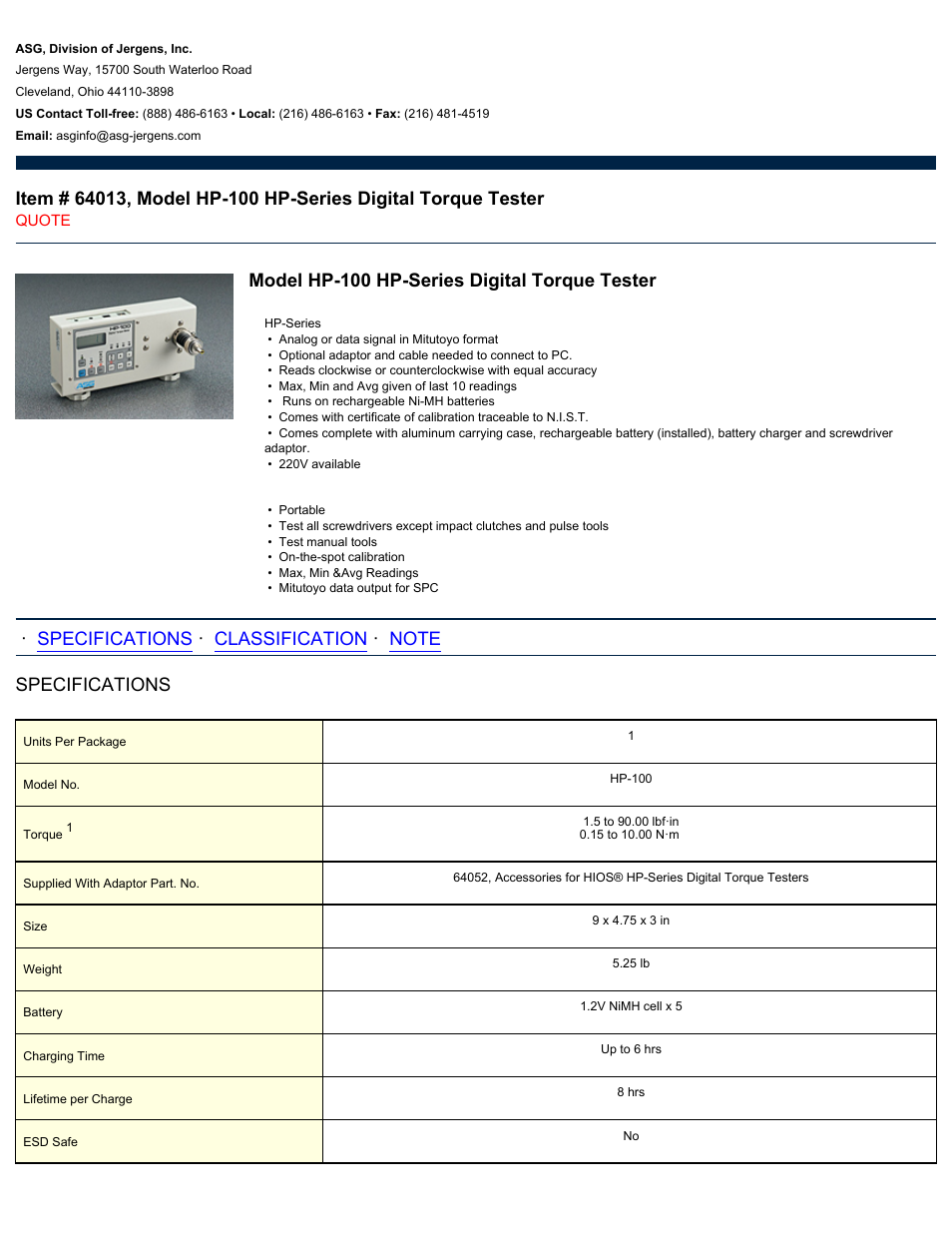 ASG Jergens 64013 HP-100 User Manual | 2 pages