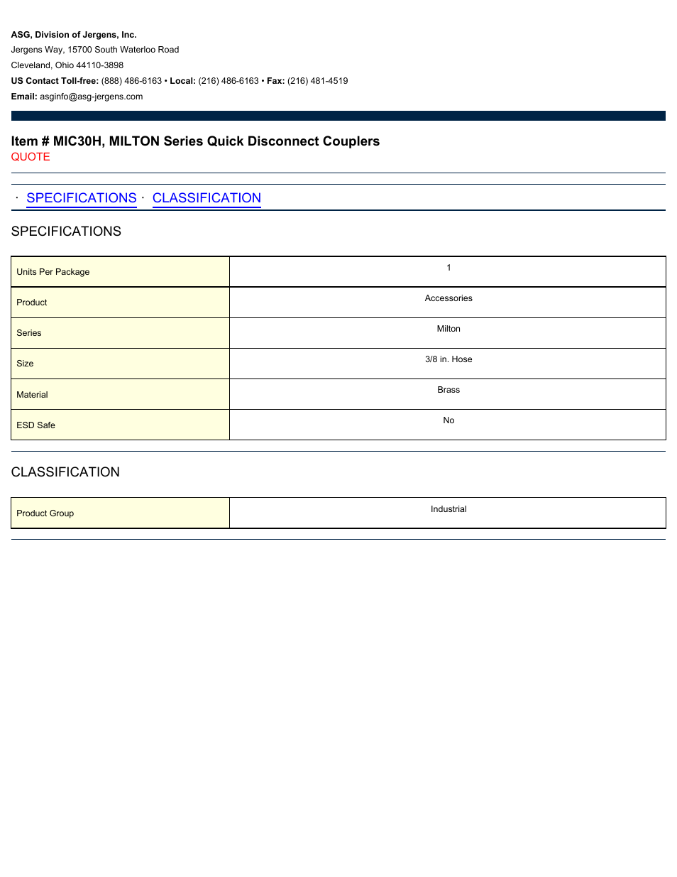 ASG Jergens MIC30H MILTON Series Quick Disconnect Couplers User Manual | 1 page