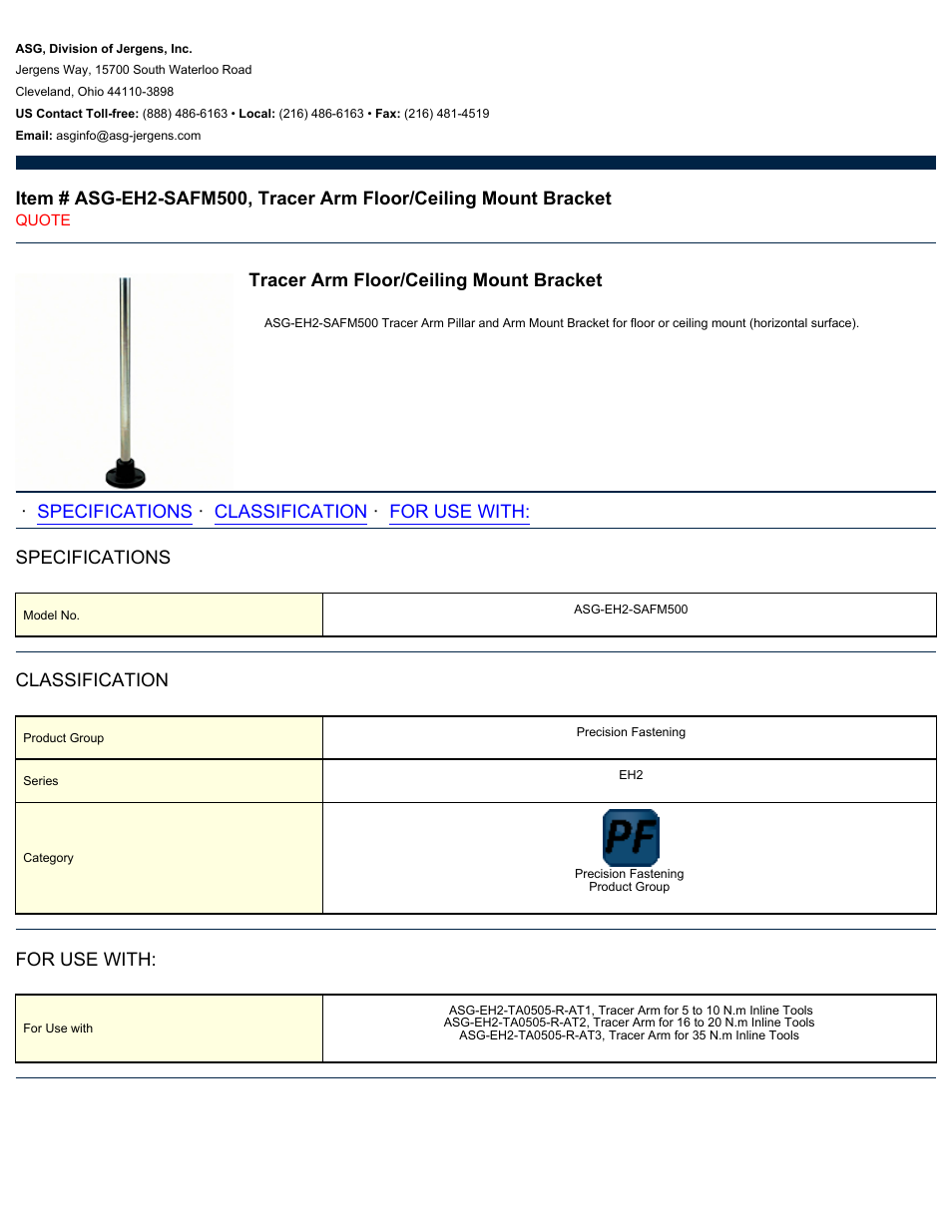 ASG Jergens ASG-EH2-SAFM500 Tracer Arm Floor/Ceiling Mount Bracket User Manual | 1 page