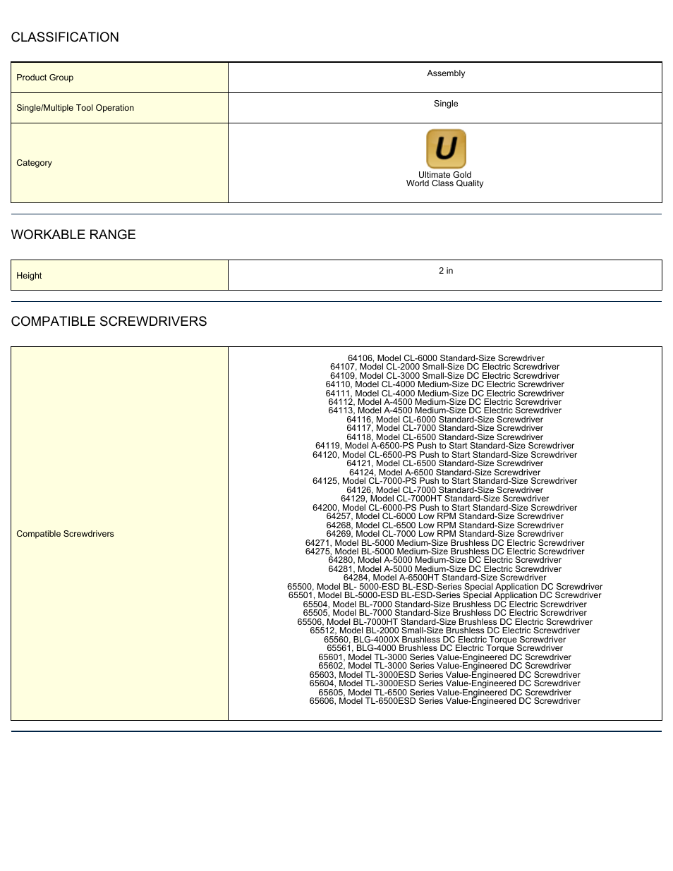 Classification, Workable range, Compatible screwdrivers | ASG Jergens 65520 CLT-60 Single Tool Control Power Supply User Manual | Page 2 / 2