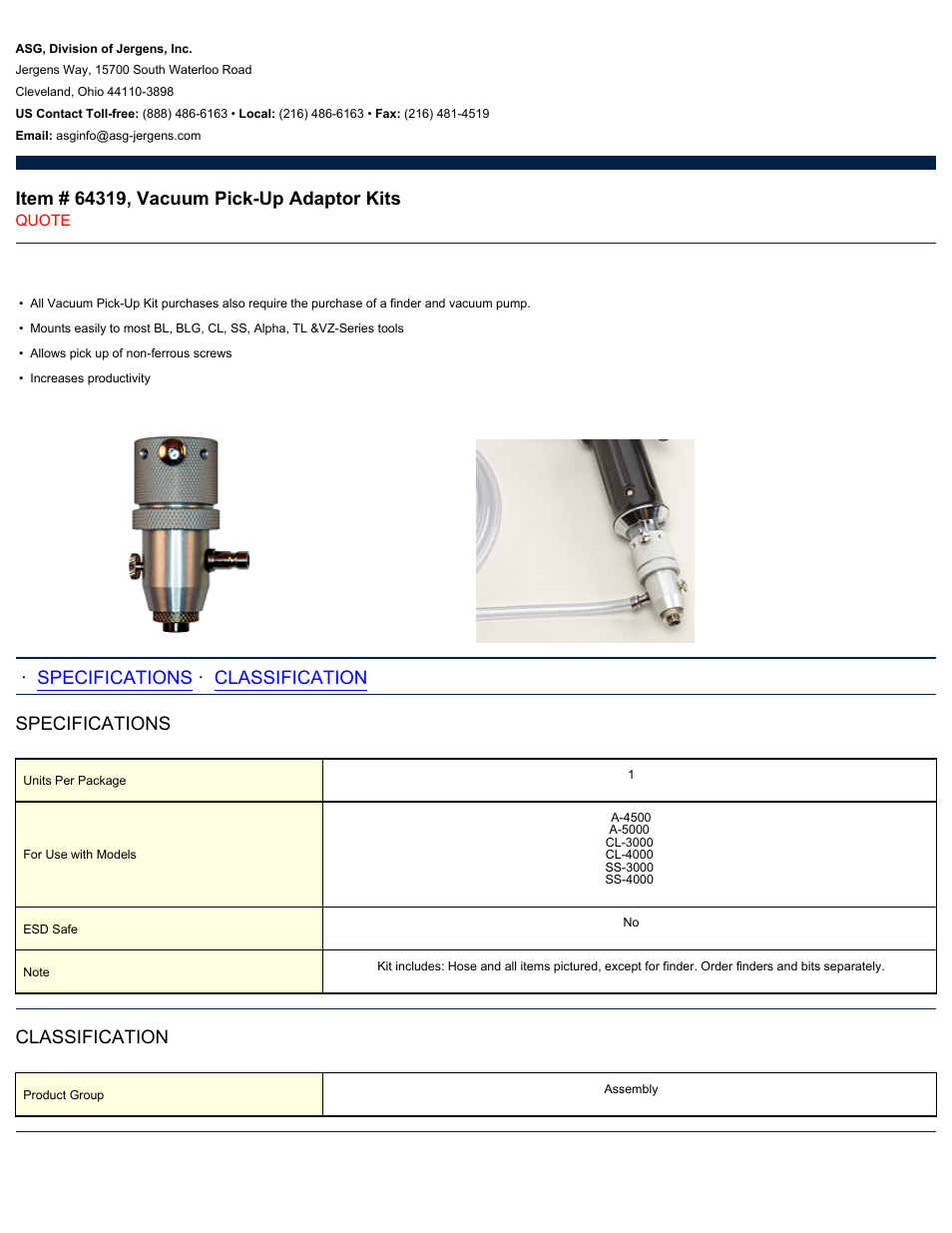 ASG Jergens 64319 Vacuum Pick-Up Adaptor Kits User Manual | 1 page
