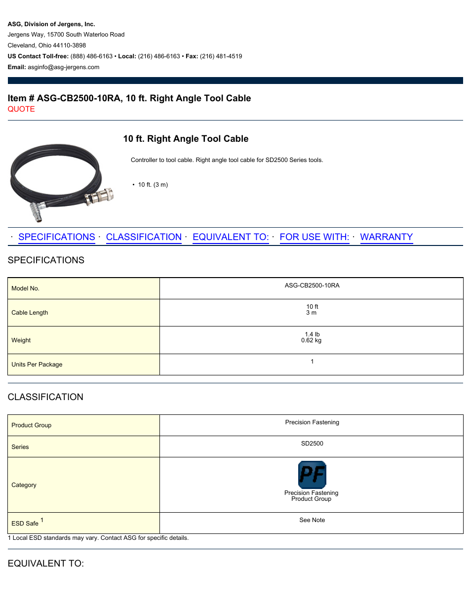 ASG Jergens ASG-CB2500-10RA Tool Cable User Manual | 2 pages