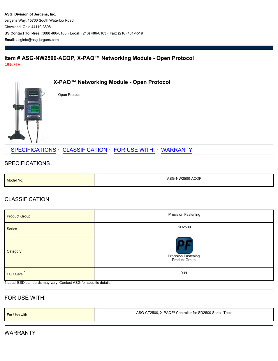 ASG Jergens ASG-NW2500-ACOP Networking Module - Open Protocol User Manual | 2 pages