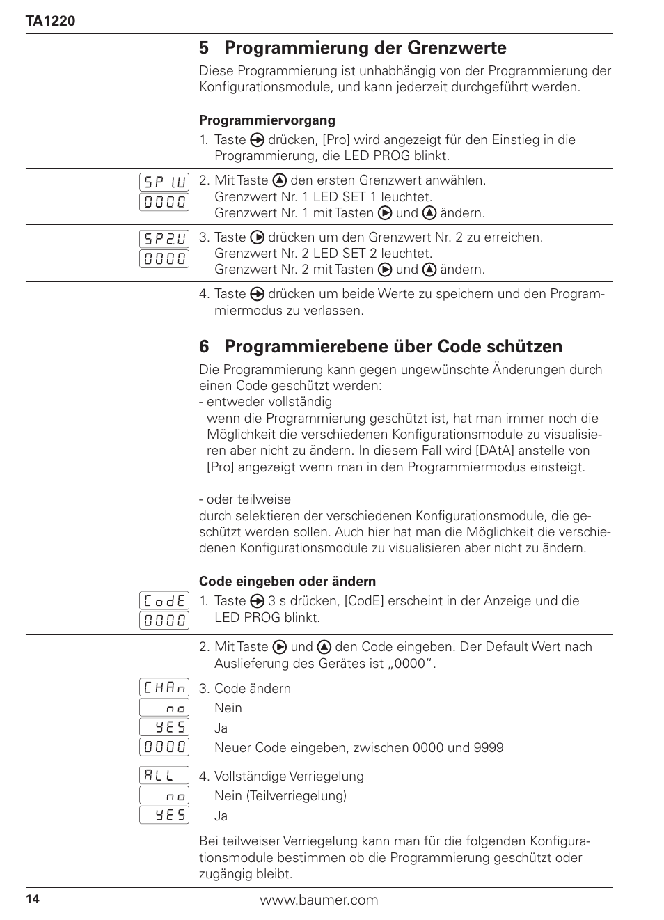 5 programmierung der grenzwerte, 6 programmierebene über code schützen | Baumer TA1220 User Manual | Page 14 / 48