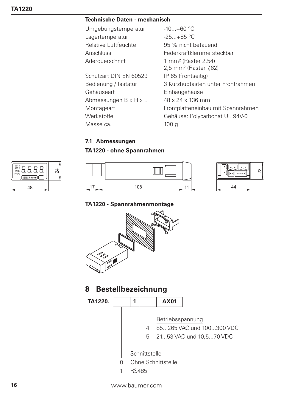 8 bestellbezeichnung | Baumer TA1220 User Manual | Page 16 / 48
