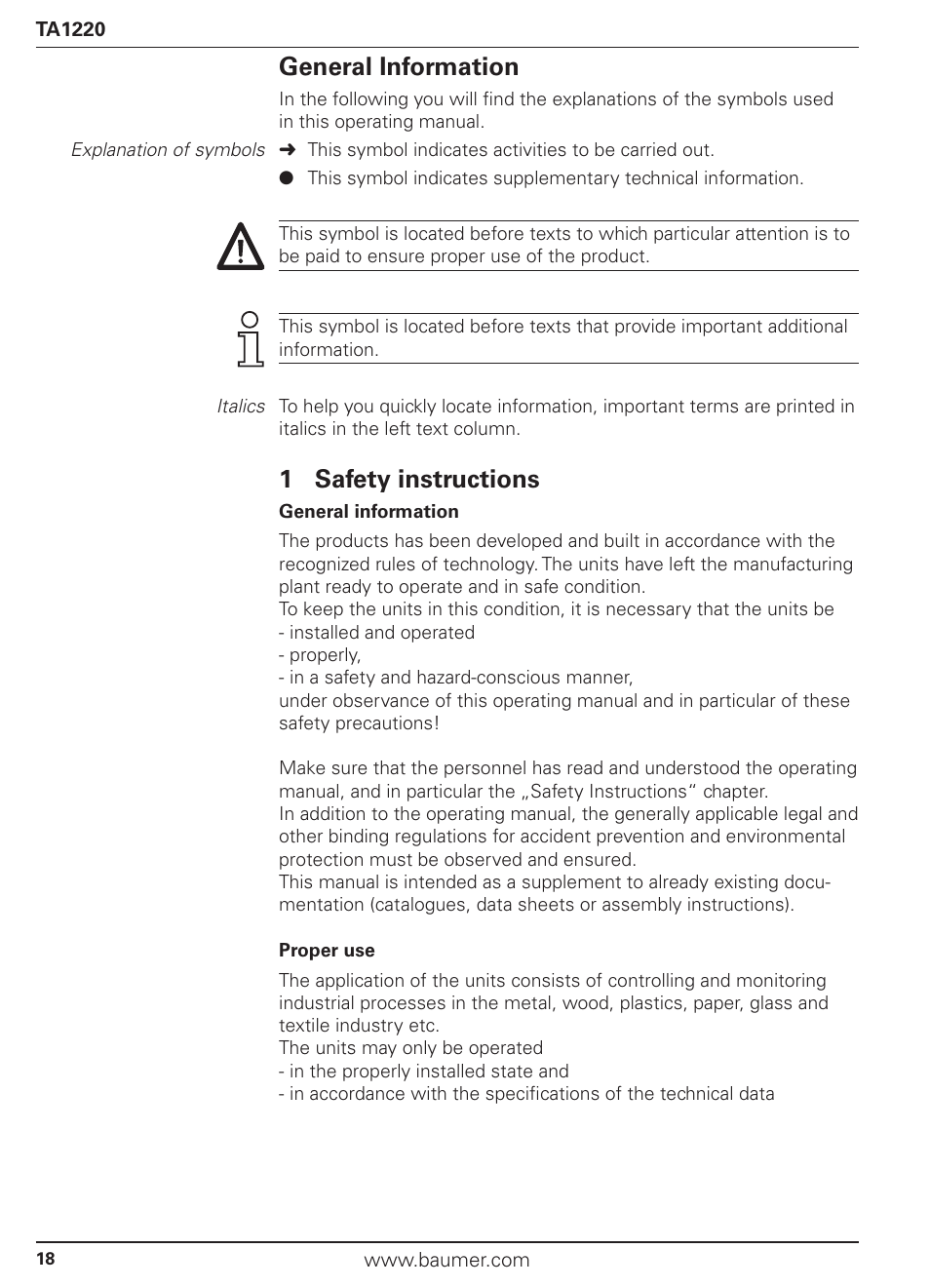 General information, 1 safety instructions | Baumer TA1220 User Manual | Page 18 / 48