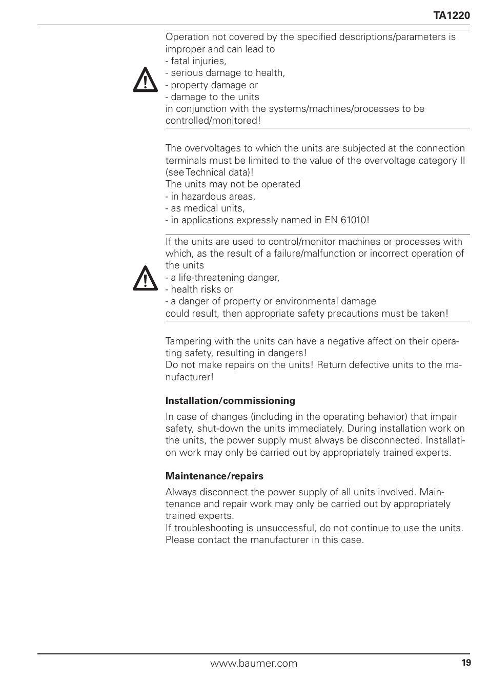 Baumer TA1220 User Manual | Page 19 / 48