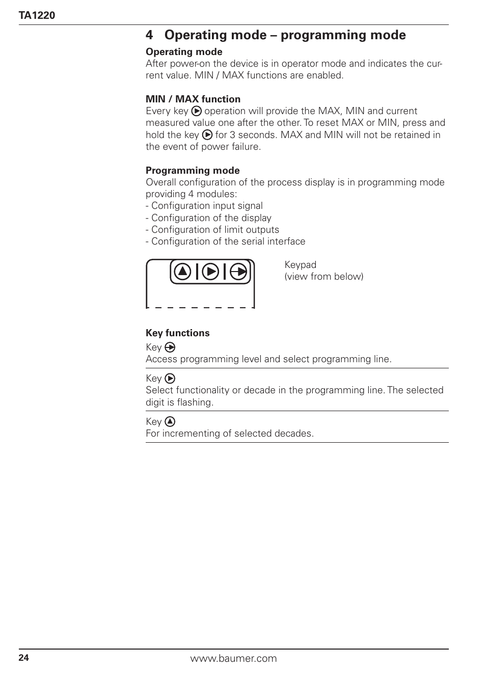 4 operating mode – programming mode | Baumer TA1220 User Manual | Page 24 / 48