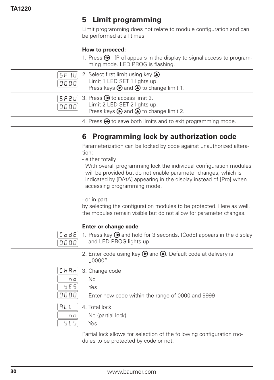 5 limit programming, 6 programming lock by authorization code | Baumer TA1220 User Manual | Page 30 / 48