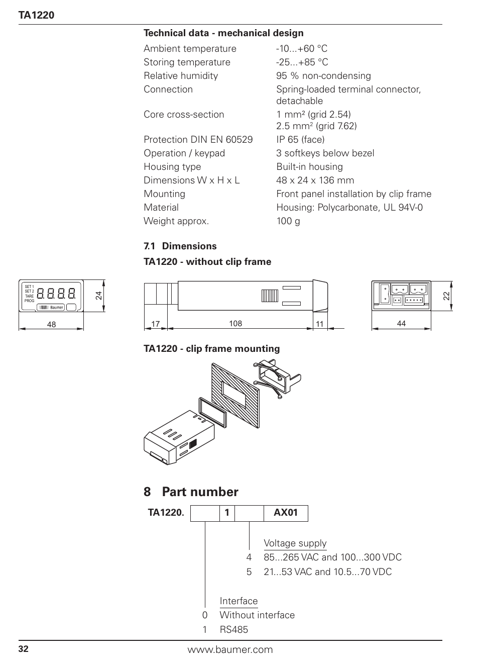 8 part number | Baumer TA1220 User Manual | Page 32 / 48