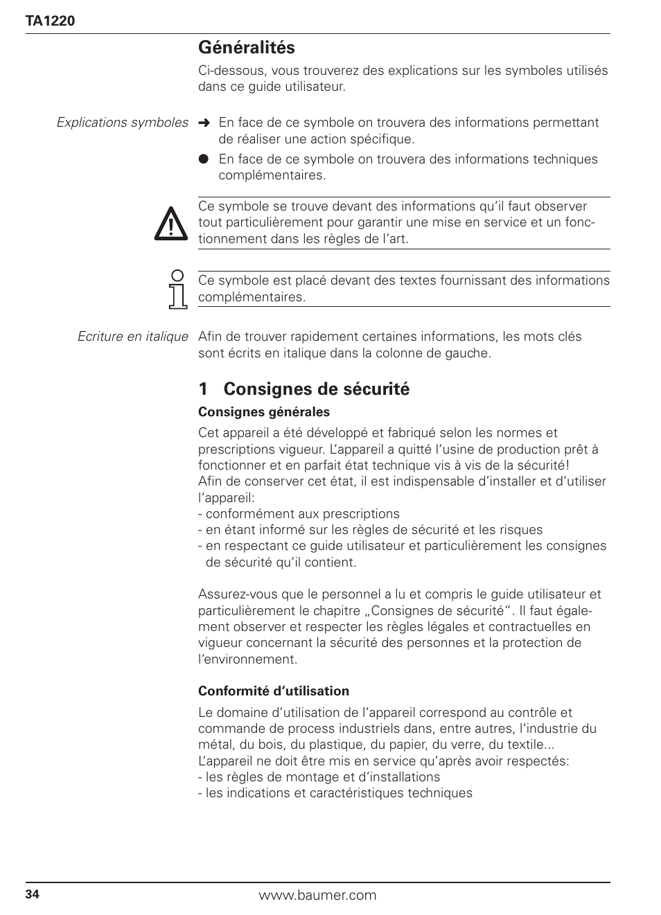 Généralités, 1 consignes de sécurité | Baumer TA1220 User Manual | Page 34 / 48
