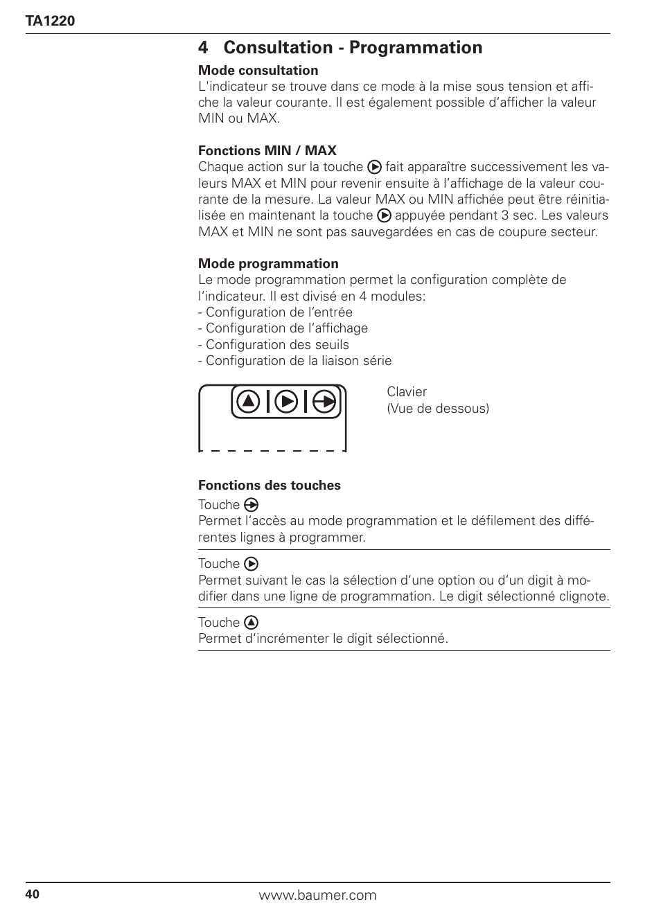 4 consultation - programmation | Baumer TA1220 User Manual | Page 40 / 48