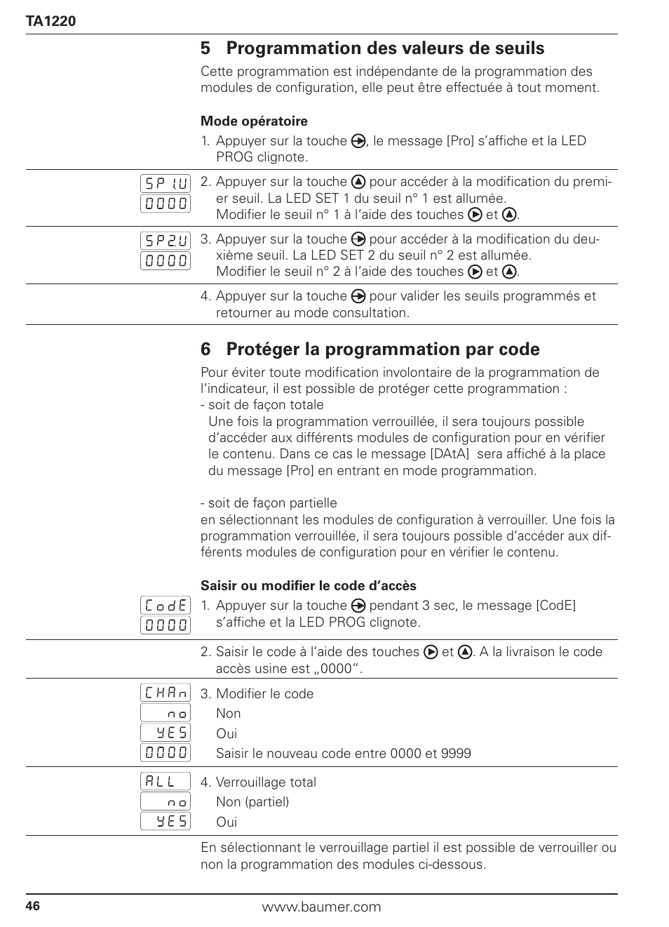 5 programmation des valeurs de seuils, 6 protéger la programmation par code | Baumer TA1220 User Manual | Page 46 / 48