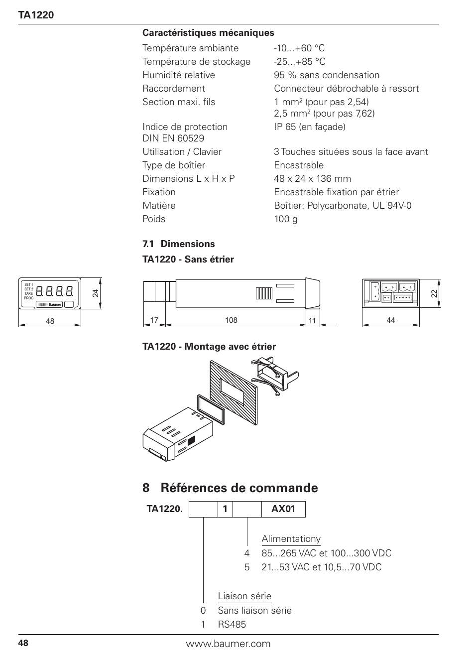 8 références de commande | Baumer TA1220 User Manual | Page 48 / 48