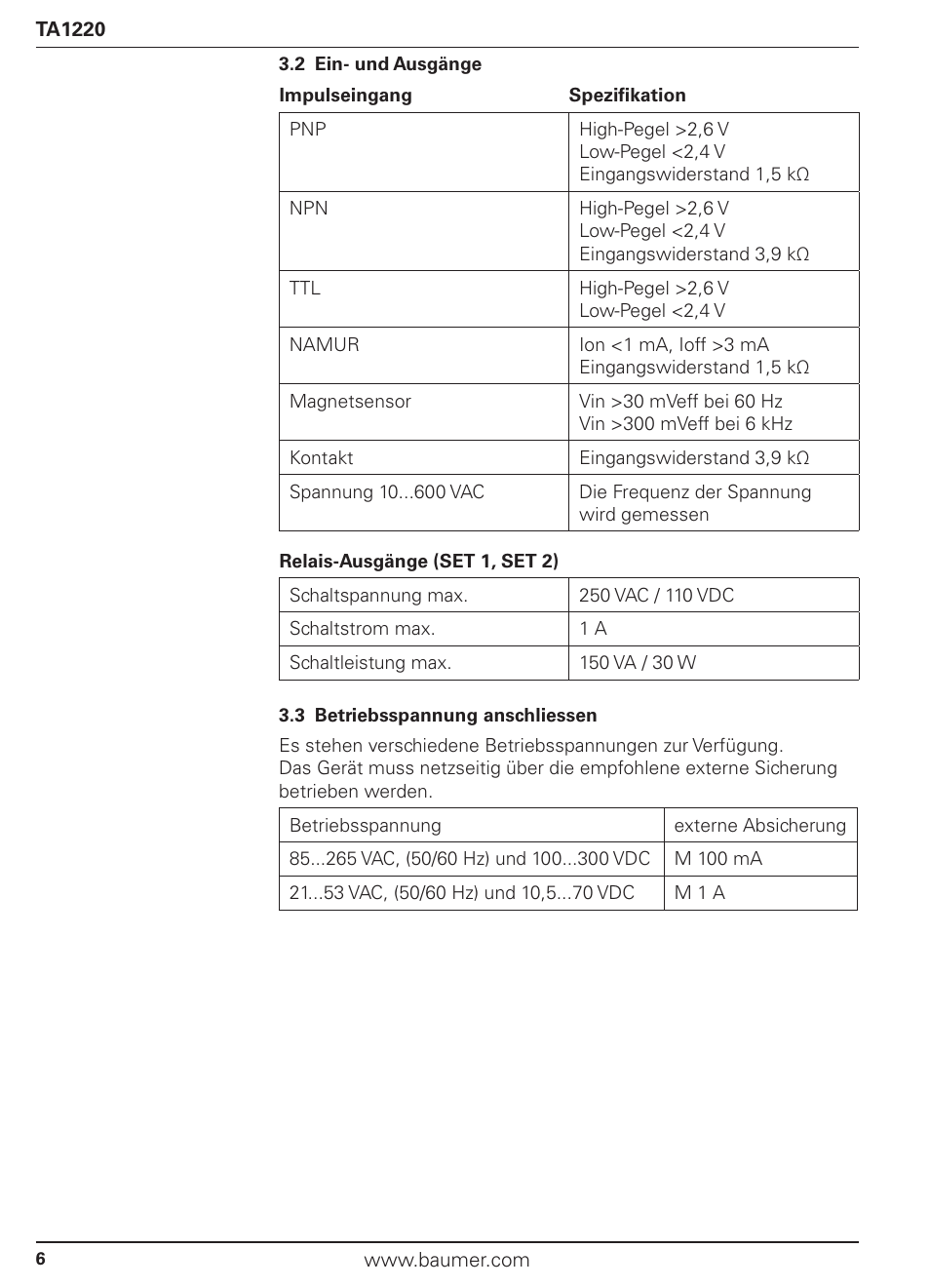 Baumer TA1220 User Manual | Page 6 / 48