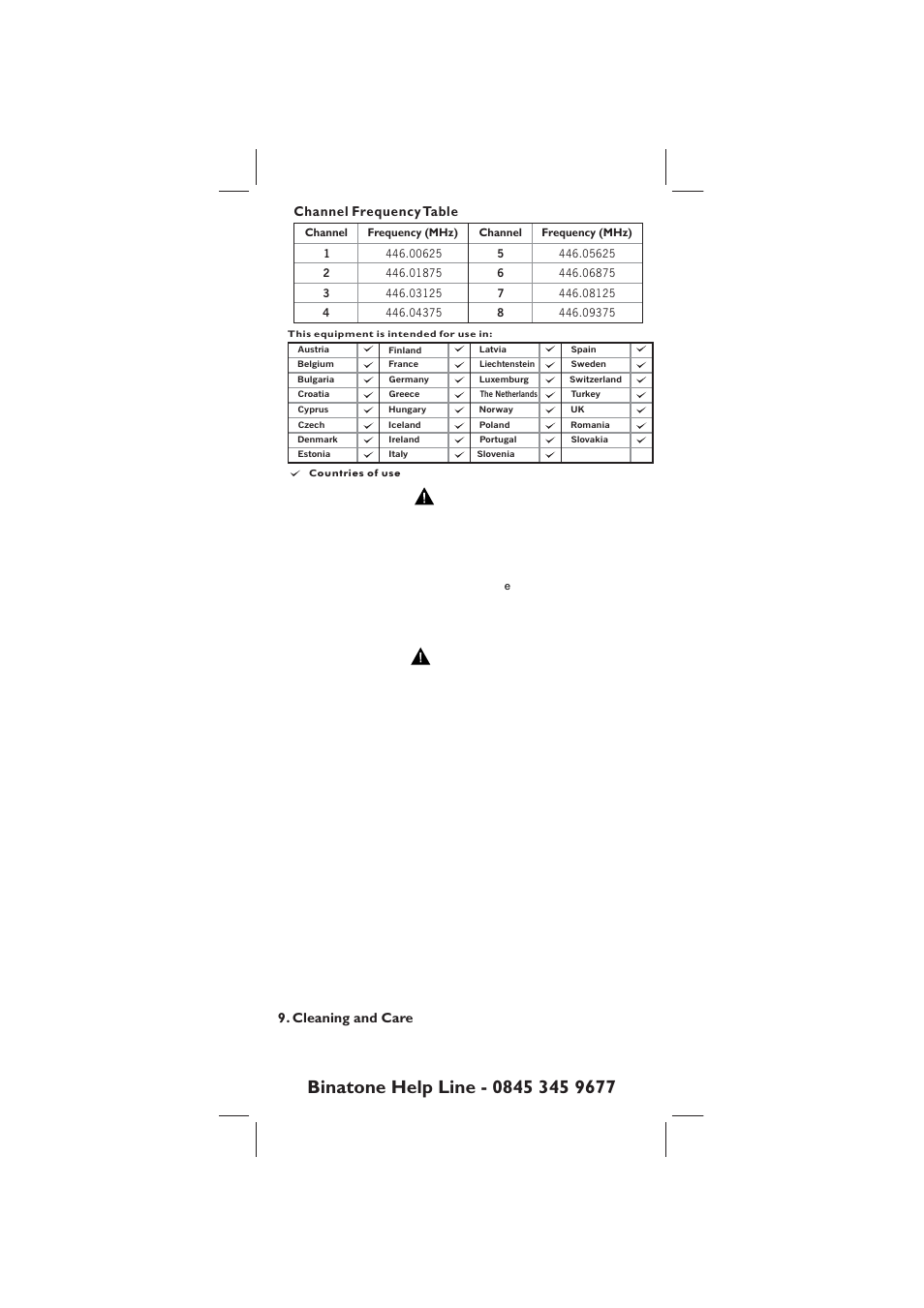 Channel frequency table, Safety, Caution | Warning, Cleaning and care | Binatone ACTION 950 User Manual | Page 8 / 10