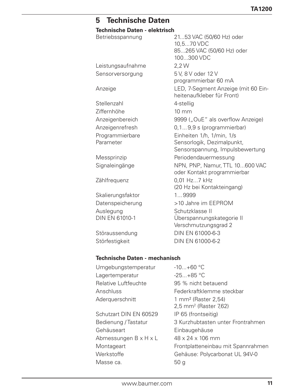 5 technische daten | Baumer TA1200 User Manual | Page 11 / 36