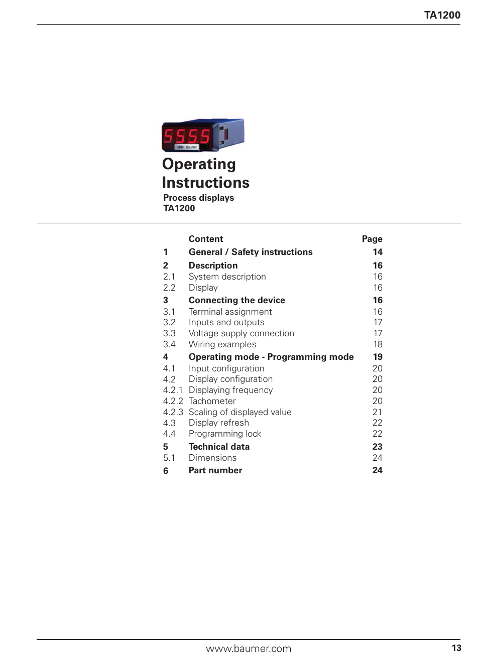 Operating instructions | Baumer TA1200 User Manual | Page 13 / 36