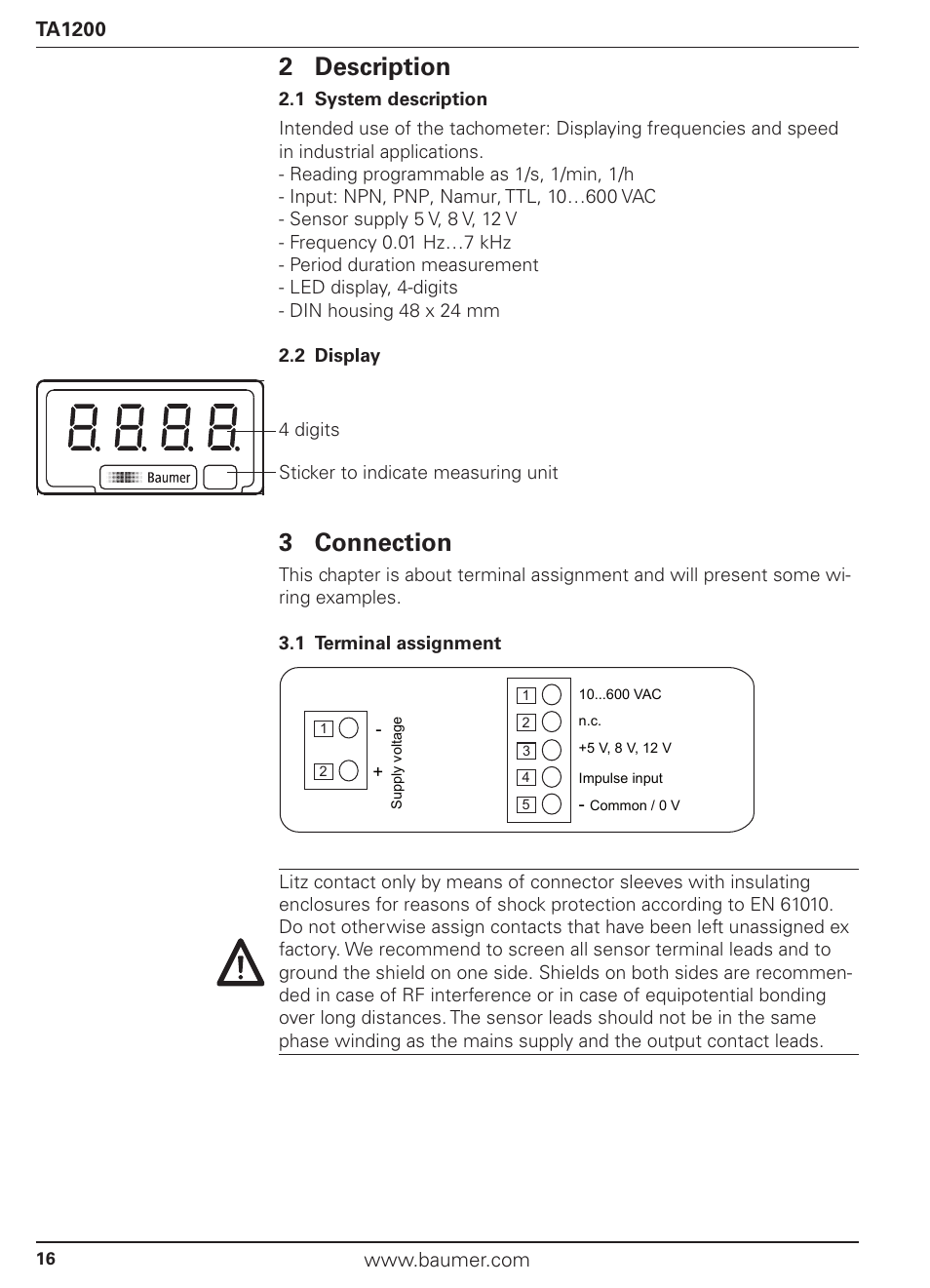 2 description, 3 connection | Baumer TA1200 User Manual | Page 16 / 36