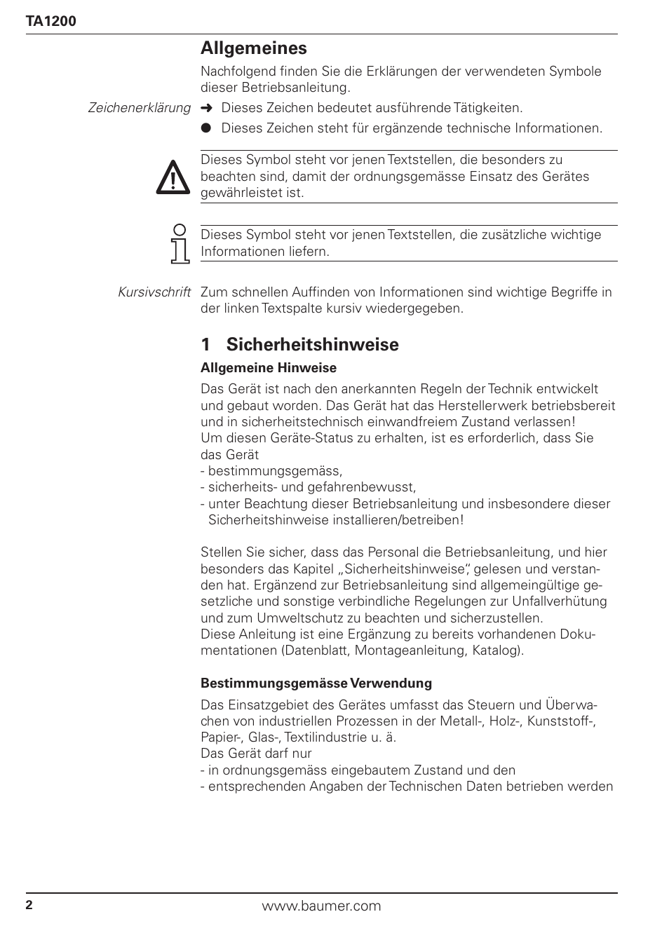 Allgemeines, 1 sicherheitshinweise | Baumer TA1200 User Manual | Page 2 / 36