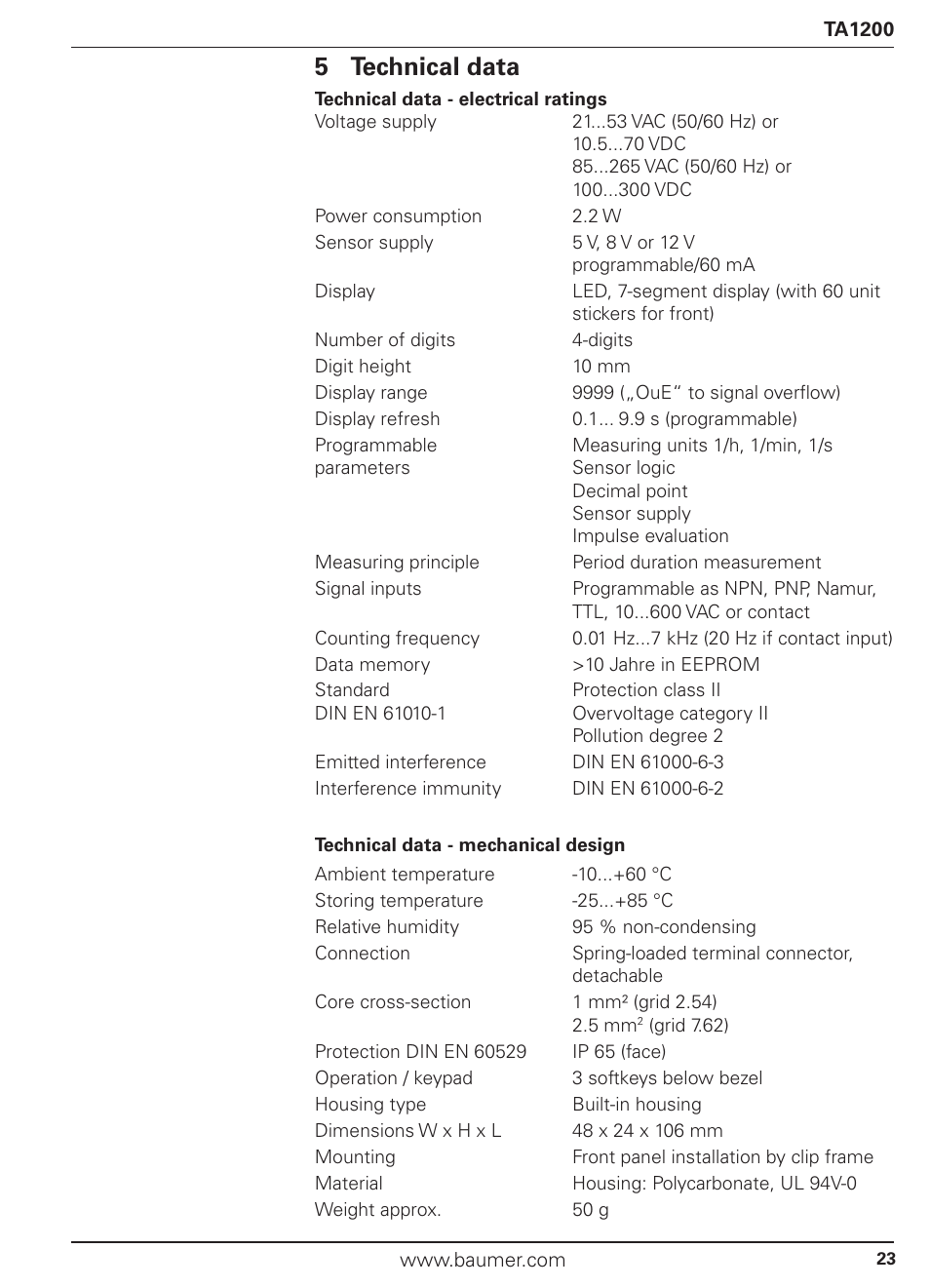 5 technical data | Baumer TA1200 User Manual | Page 23 / 36