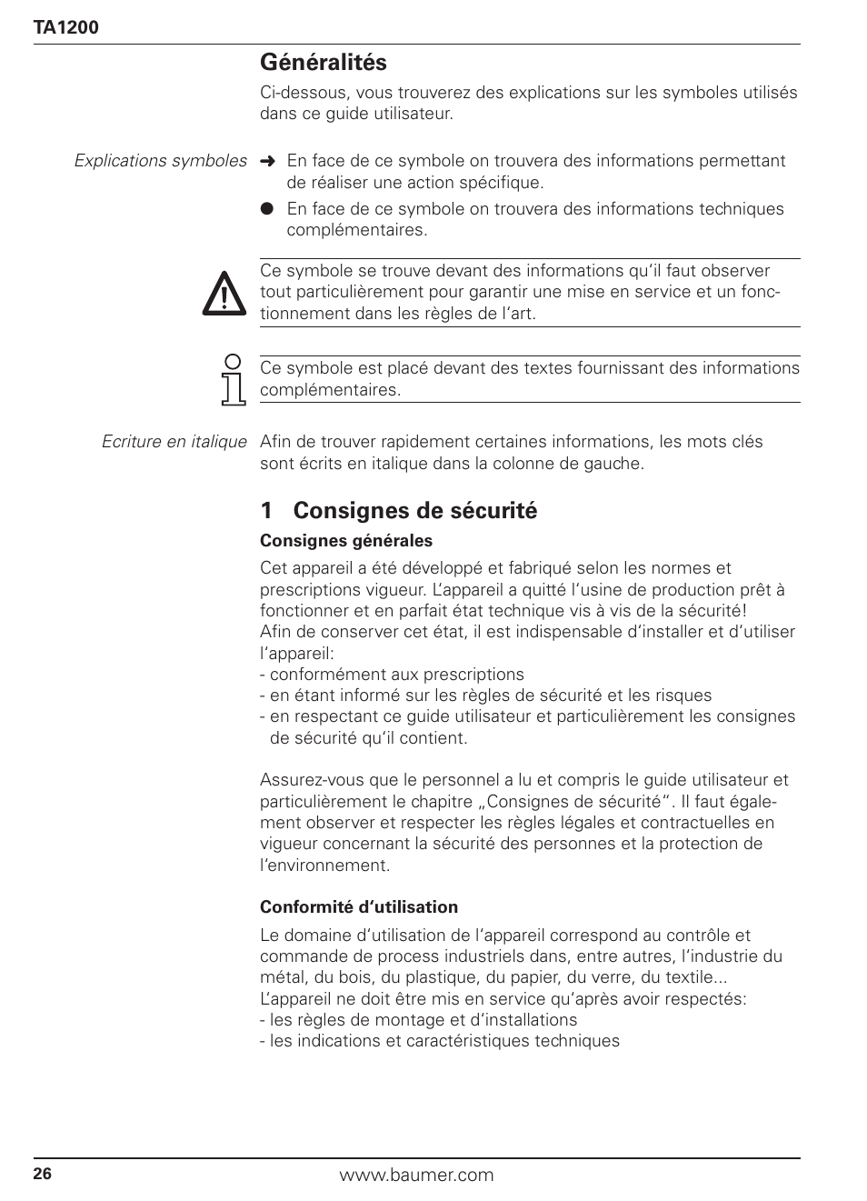 Généralités, 1 consignes de sécurité | Baumer TA1200 User Manual | Page 26 / 36
