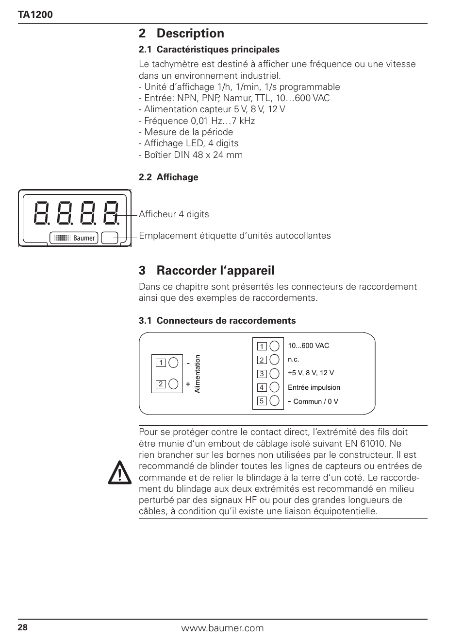 2 description, 3 raccorder l‘appareil | Baumer TA1200 User Manual | Page 28 / 36