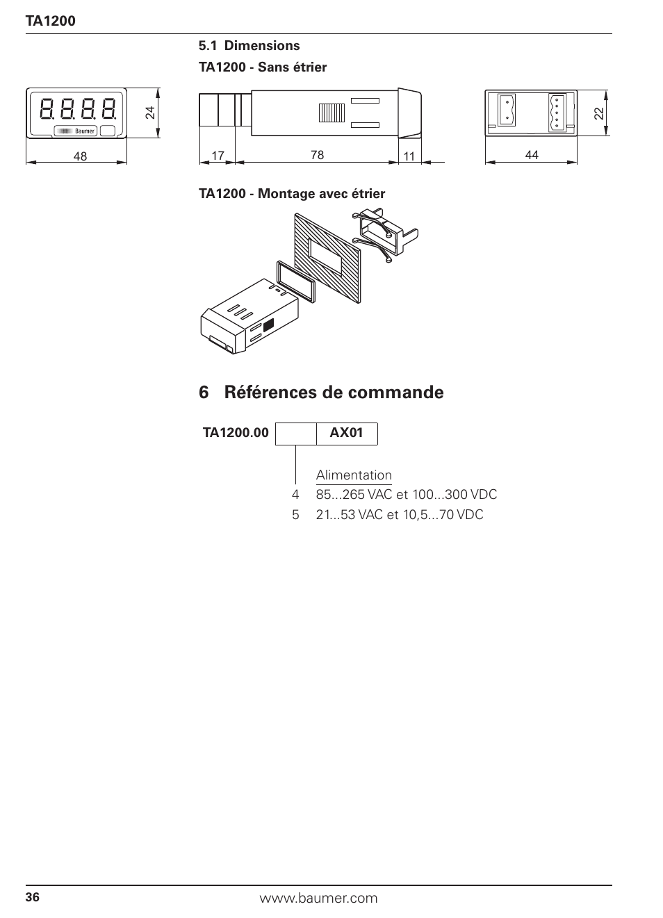 6 références de commande | Baumer TA1200 User Manual | Page 36 / 36