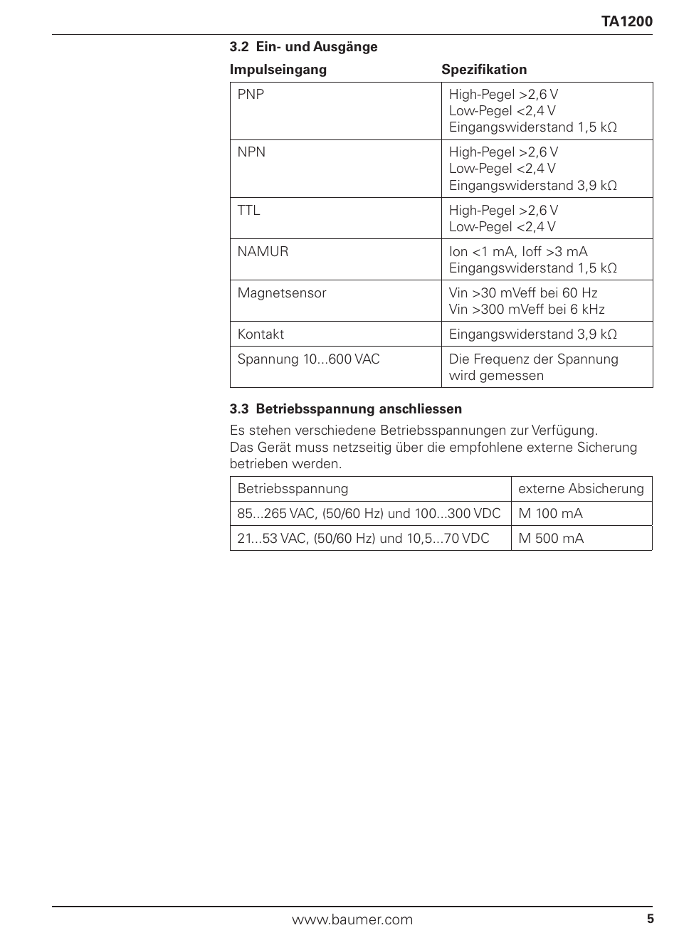 Baumer TA1200 User Manual | Page 5 / 36