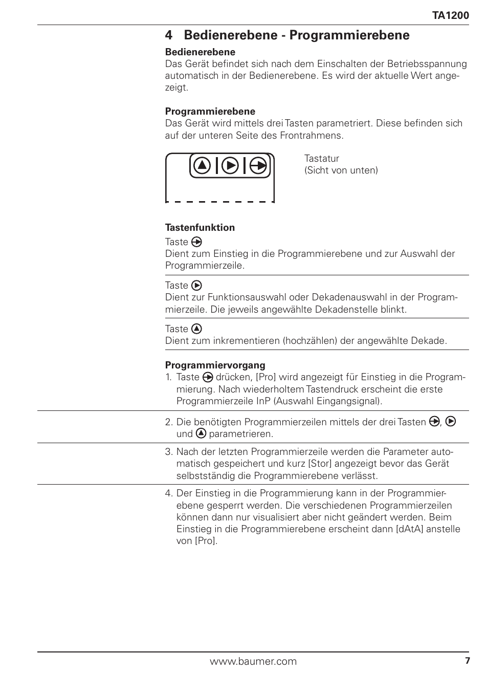 4 bedienerebene - programmierebene | Baumer TA1200 User Manual | Page 7 / 36
