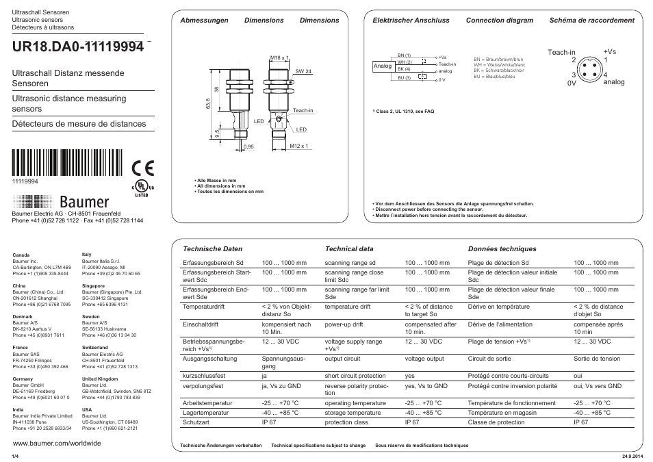 Baumer UR18.DA0-UA1B.7BO User Manual | 4 pages