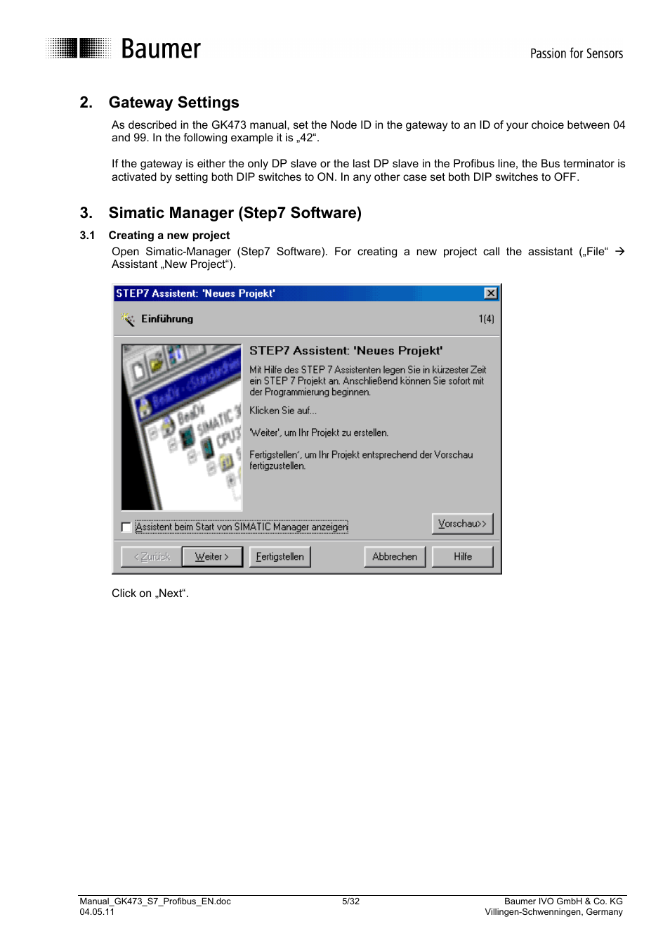 Gateway settings, Simatic manager (step7 software) | Baumer GK473 User Manual | Page 5 / 32