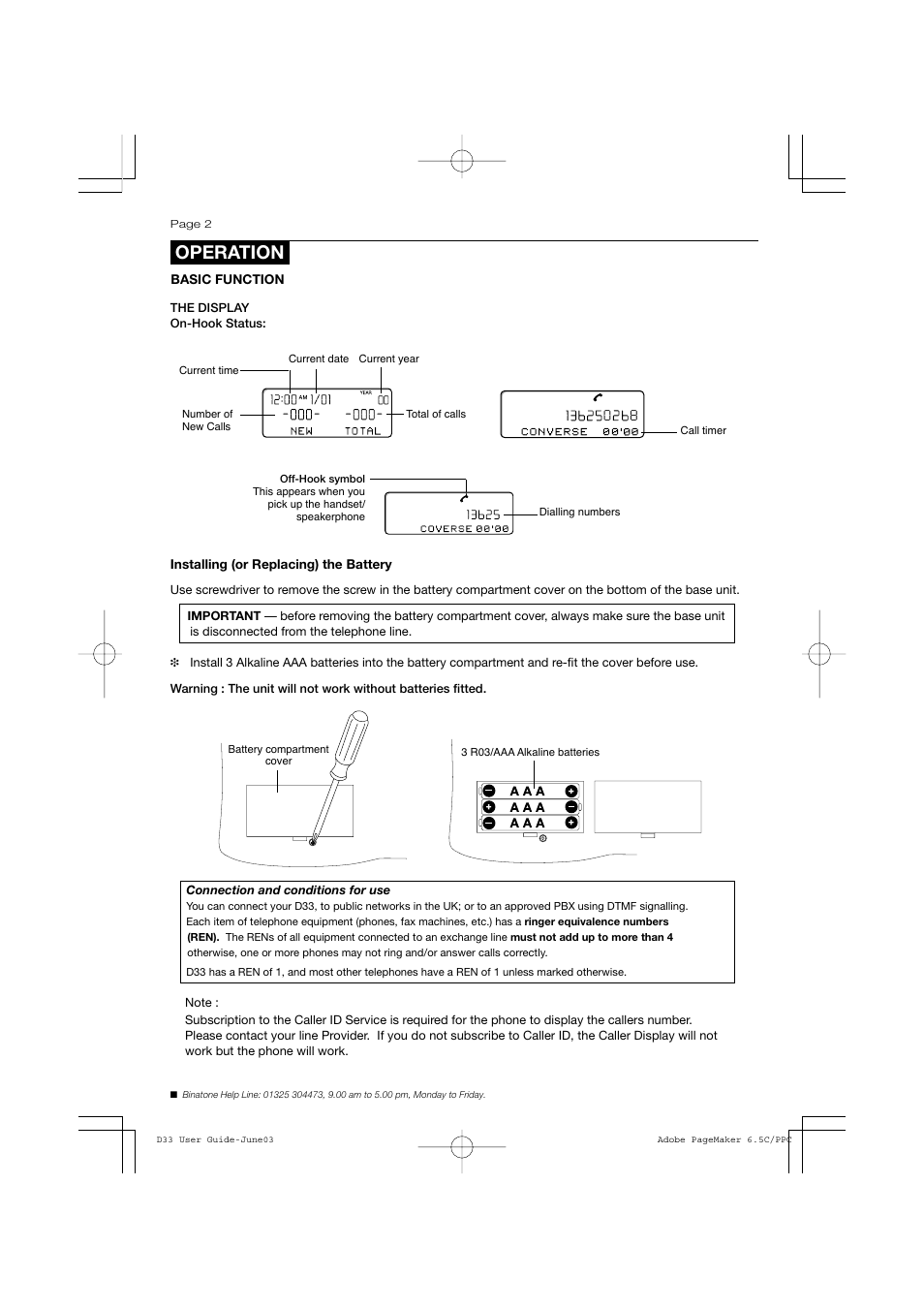 Operation | Binatone D33 User Manual | Page 2 / 8